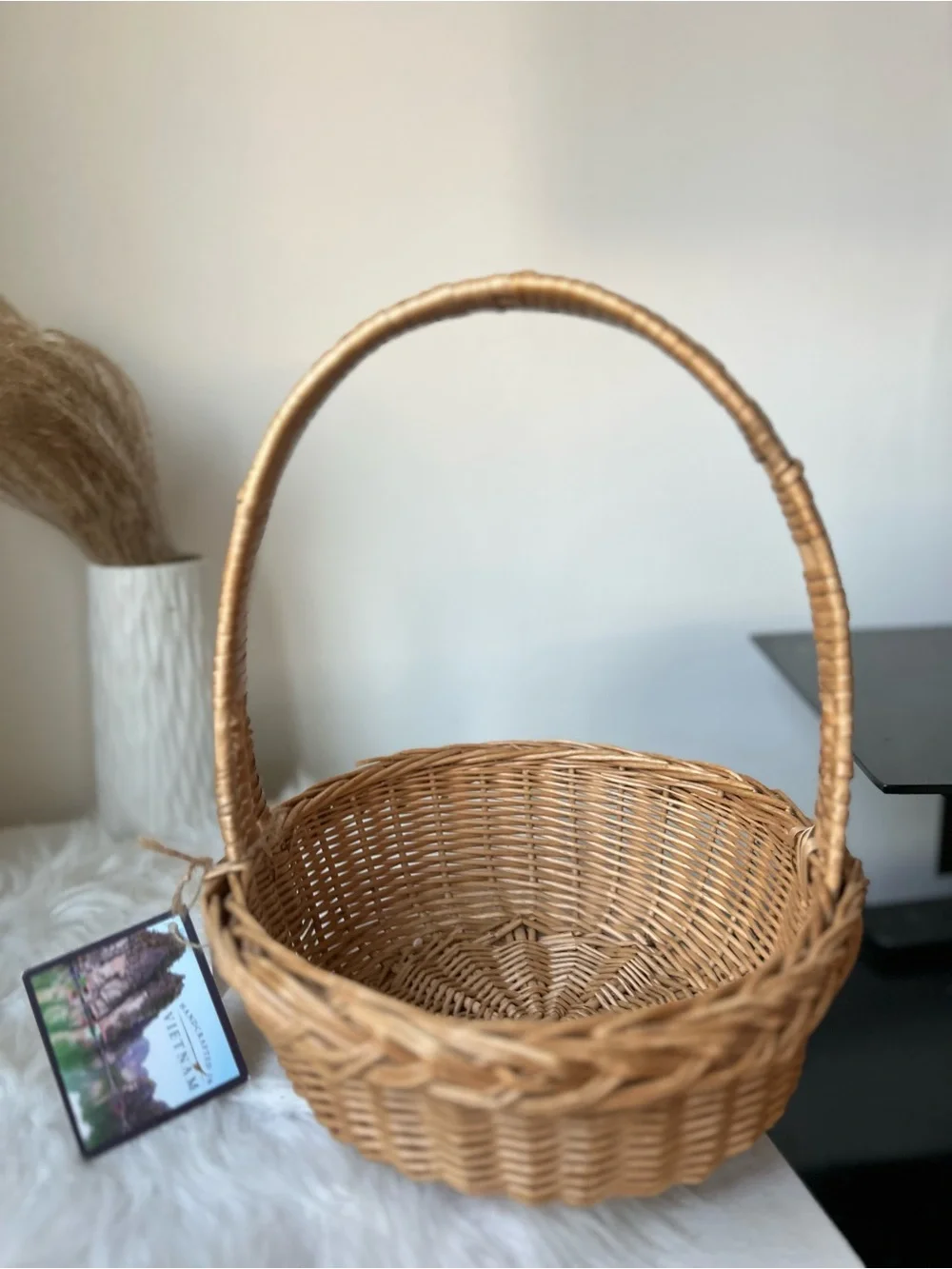 Woven Handled Decorative Basket in Natural Tan